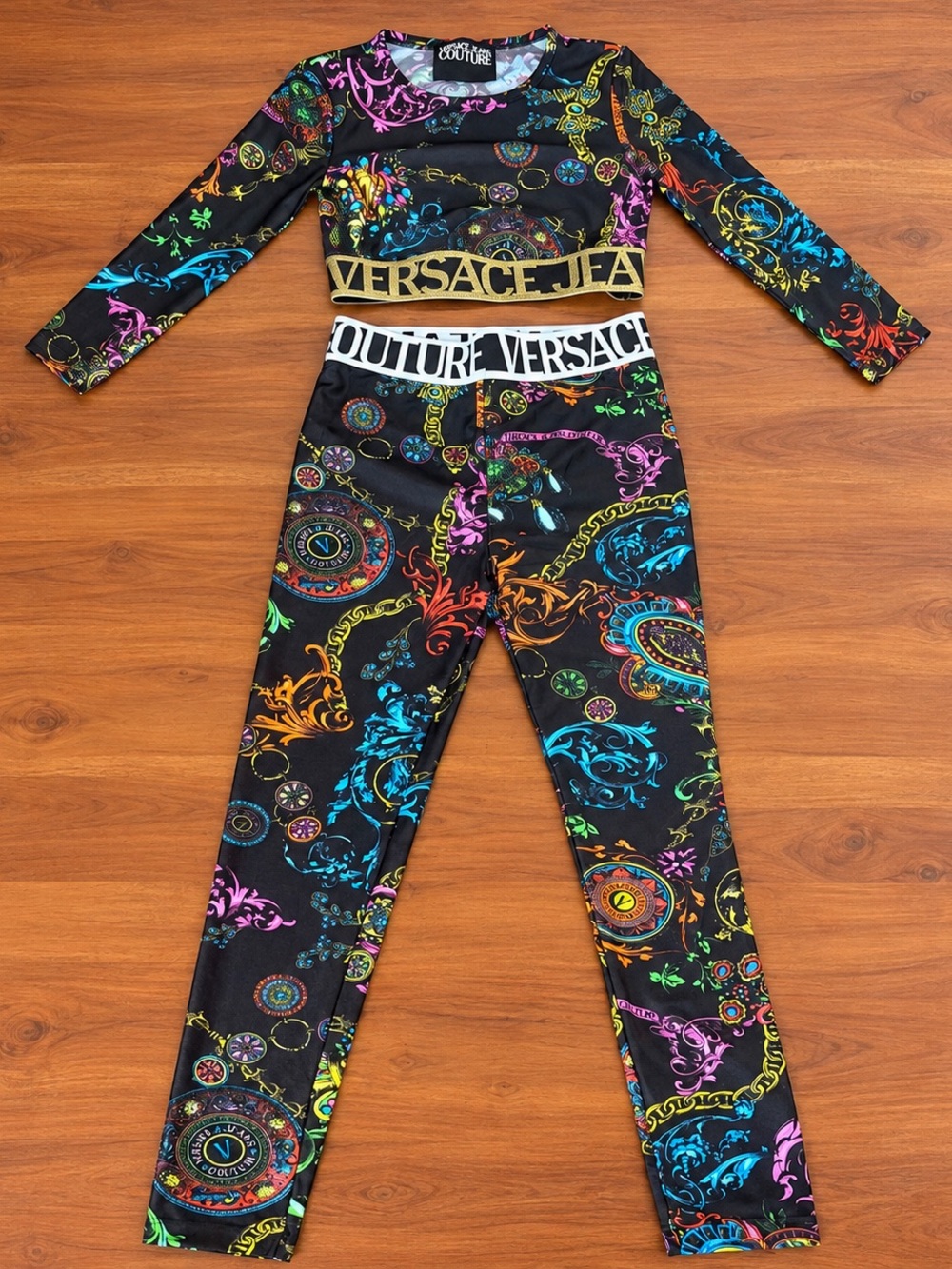 🔥 Versace Jeans Couture Baroque Workout Set Crop Top + Leggings Size 6